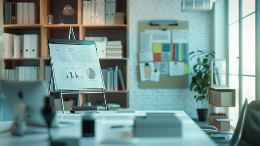 Fall 2025 office presentation setup with a display board, charts, and visual aids for professional meetings