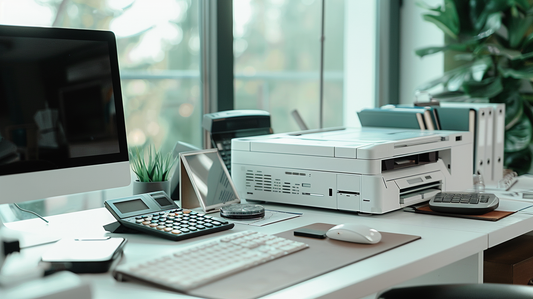 Fall 2025 office desk featuring a printer, calculator, and digital accessories for efficient workflows