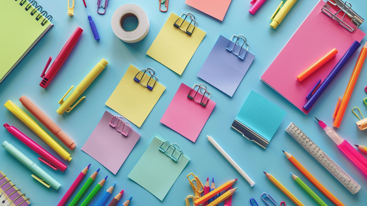 Colorful sticky notes, adhesive tape, and paper clips arranged on a desk for Fall 2025 office organization