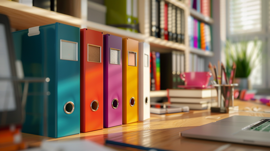 Colorful binders neatly arranged on an office desk for Fall 2025 filing and storage organization