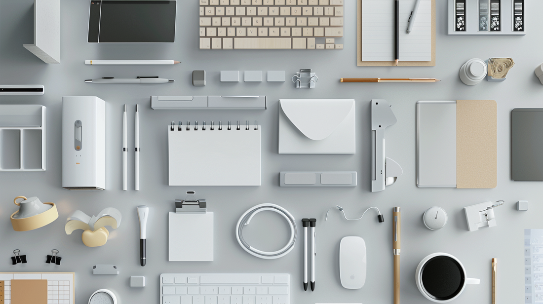 Minimalist desk accessories including notebooks, pen holders, cables, and organizers neatly arranged for Fall 2025 productivity