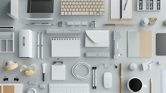 Minimalist desk accessories including notebooks, pen holders, cables, and organizers neatly arranged for Fall 2025 productivity