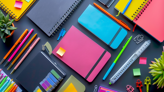 Colorful planners, notebooks, and stationery arranged neatly on a desk for Fall 2025 office organization