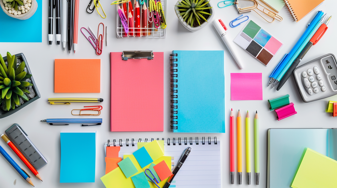 Colorful paper products including sticky notes, notebooks, and memo pads with pencils and clips for Fall 2025 office productivity