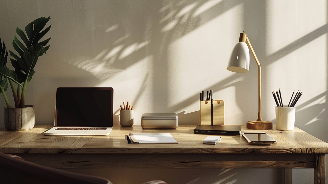 Minimalist office desk with pen holders, modern lamp, and wireless accessories for Fall 2025 productivity
