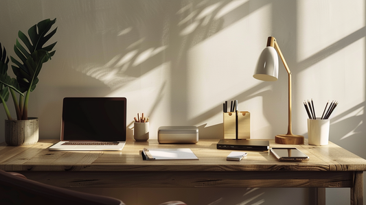 Minimalist office desk with pen holders, modern lamp, and wireless accessories for Fall 2025 productivity