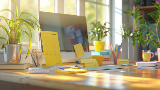 Bright office desk with sticky notes, calendar, and planners under natural sunlight for Fall 2025 productivity
