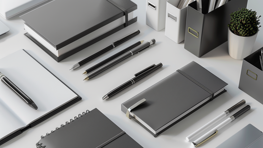 Flatlay of modern office supplies including pens, notebooks, and storage boxes neatly arranged on a white desk