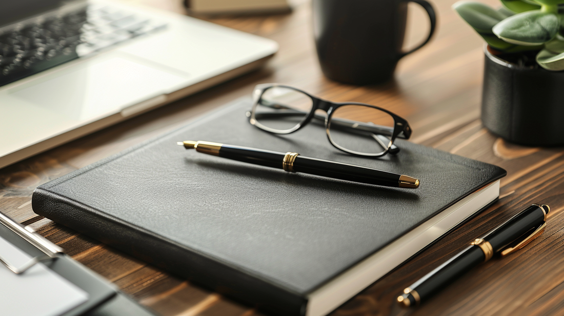 Black notebook with fountain pens, eyeglasses, and a laptop on a wooden office desk