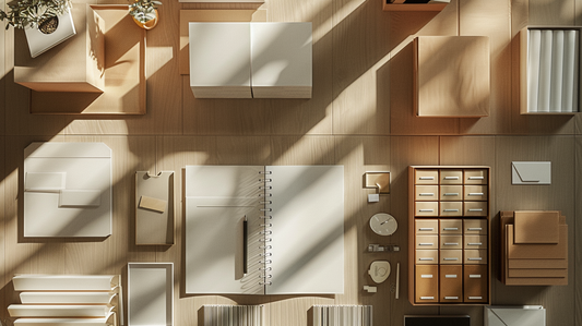 Flatlay of shipping boxes, envelopes, and office organizers arranged neatly on a wooden desk