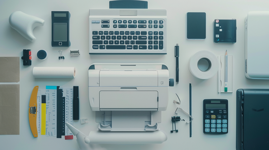 Flatlay of office electronics including printer, calculator, keyboard, and desk tools arranged neatly