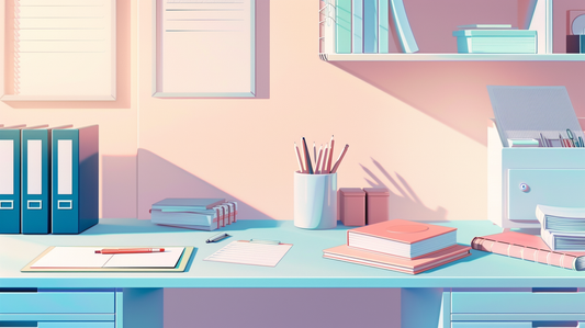 Pastel illustration of notebooks, folders, and stationery organized neatly on a modern office desk