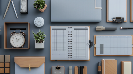 Realistic flatlay of planners, notebooks, desk organizers, and accessories arranged neatly on a modern office desk