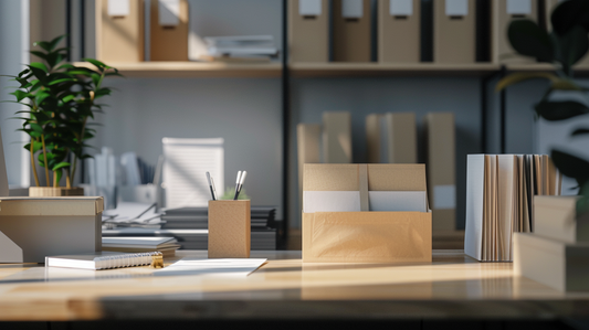 Realistic office desk with paper products, envelopes, and storage boxes neatly arranged