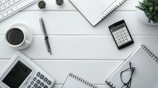 Realistic office desk with calculators, notebooks, pen, coffee cup, and eyeglasses arranged neatly