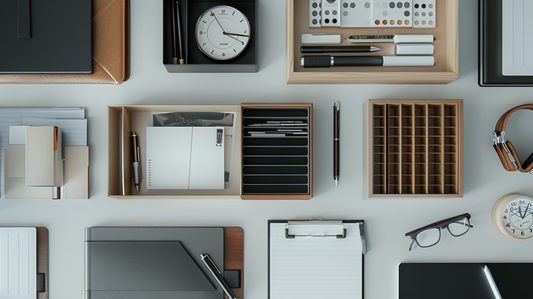 Realistic flatlay of desk accessories, planners, pens, and storage organizers arranged neatly