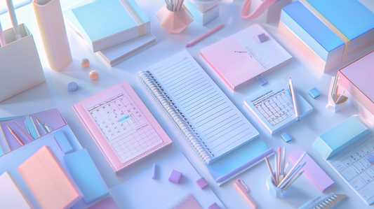 Pastel realistic flatlay of planners, notebooks, and paper products arranged neatly on a modern desk