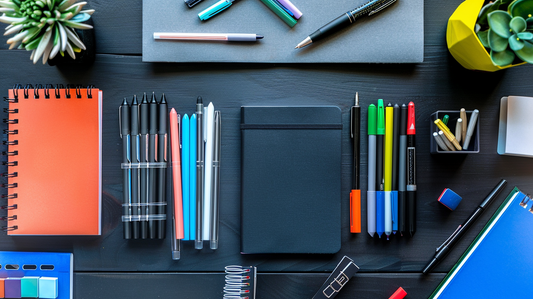 Realistic flatlay of colorful pens, notebooks, and desk accessories arranged neatly on a dark office desk