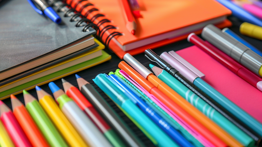Colorful flatlay of pencils, pens, markers, and notebooks arranged neatly on a desk