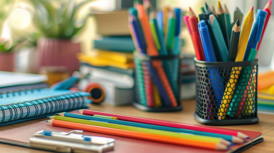 Colorful office desk with pencils, pens in holders, notebooks, and stationery arranged neatly