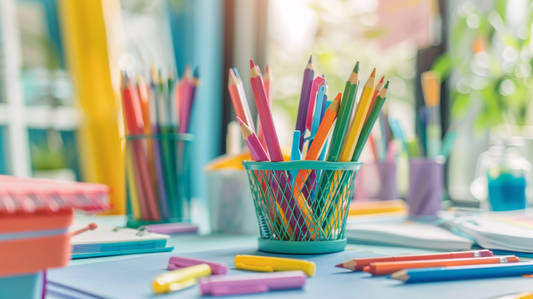 Colorful office desk with pencils, notebooks, and stationery arranged neatly in bright holders