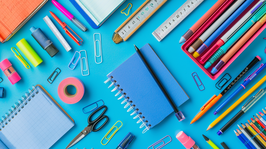 A bright blue office desk featuring notebooks, adhesive tapes, paper clips, glue, pens, and rulers neatly arranged in a 16:9 horizontal layout, highlighting organization, creativity, and productivity.
