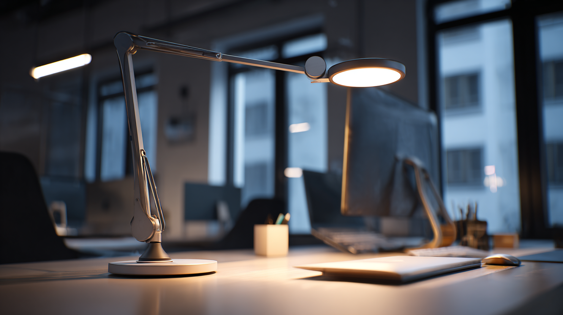 Modern LED desk lamp with adjustable arm illuminating a clean office desk, computer and stationery in the background