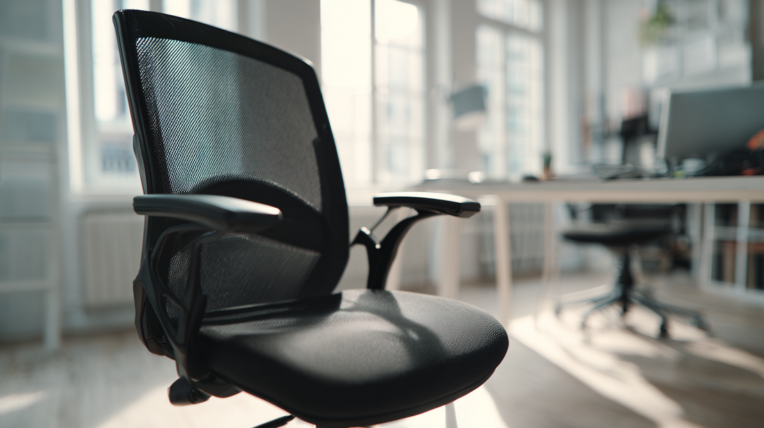 Black ergonomic office chair with mesh backrest placed in a bright modern workspace, showing adjustable armrests and clean professional design