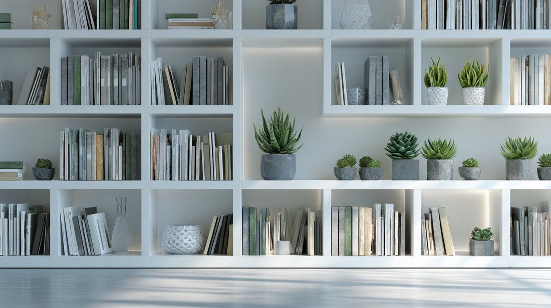 Modern white office bookcase with neatly arranged books and decorative green plants in a bright organized workspace