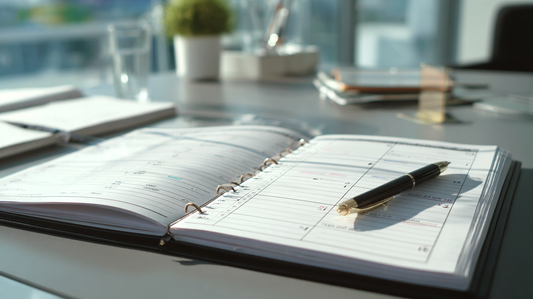 Open planner with pen resting on calendar pages placed on a modern office desk, bright natural light and organized workspace