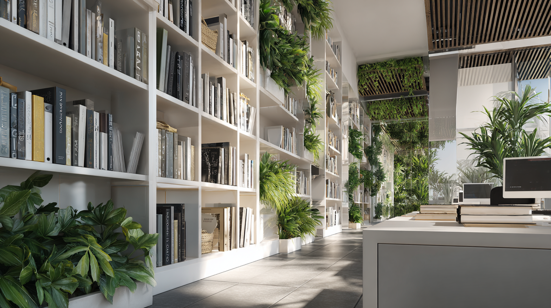 Modern office interior with tall white bookcases filled with books and green plants, bright natural light and contemporary workspace design
