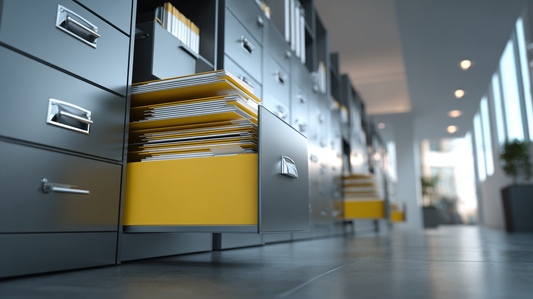 Modern office filing cabinets with open yellow drawers filled with neatly organized folders, professional workspace setting