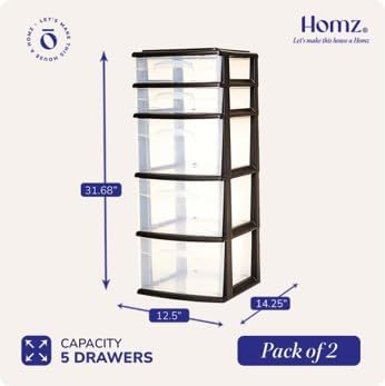 HOMZ 1-Pack 5-Drawer Storage Unit, Home & Office Plastic Organizer, Black Frame
