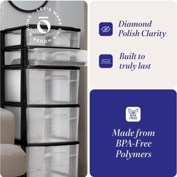 HOMZ 1-Pack 5-Drawer Storage Unit, Home & Office Plastic Organizer, Black Frame