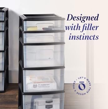 HOMZ 1-Pack 5-Drawer Storage Unit, Home & Office Plastic Organizer, Black Frame
