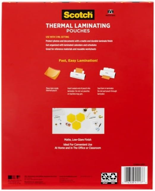 Scotch Matte Thermal Laminating Pouches, Ultra Clear with Matte Finish, Letter Size 8.9 in x 11.4 in, 50-Pack