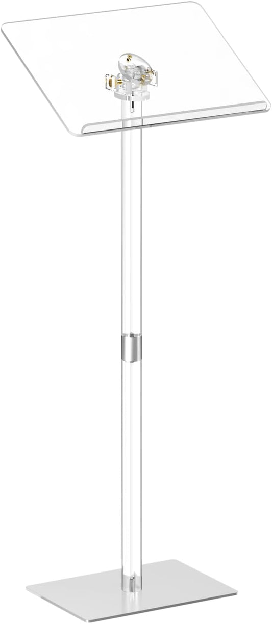 HMYHUM Small Acrylic Podium Stand, Angle Adjustable, 17.7" L x 13" W x 42.3" H, Modern Lecterns & Pulpits for Classroom, Concert, Church, Speech, Easy Assembly, Metal Base, Clear