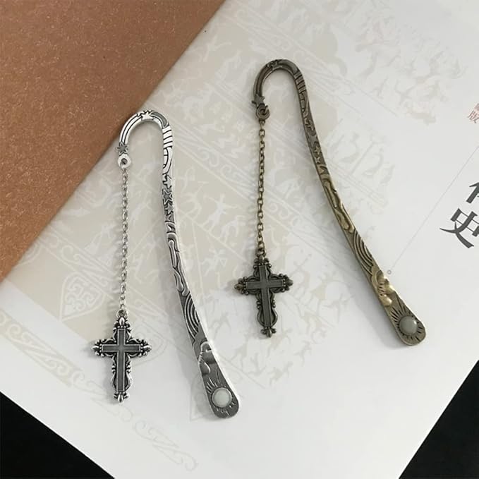 Vintage Metal Cross Bookmark, Unique Glow in The Dark Bookmark Gift for Students, Teachers, Book Lovers, Bookworms (Antique Silver Cross)