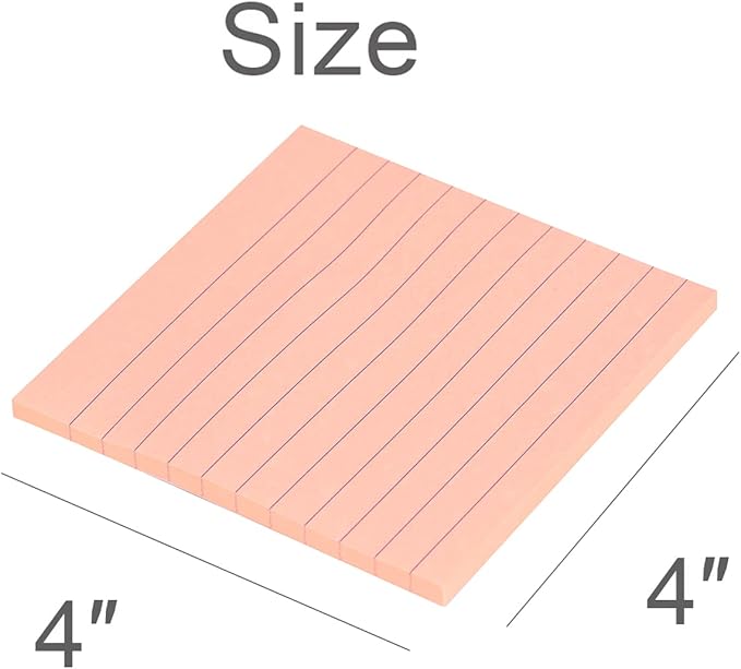 Vanpad Lined Sticky Notes 4x4 Inches, Bright Pink Ruled Self-Stick Pads, Easy to Post for Home, Office, Notebook, 8 Pads/Pack