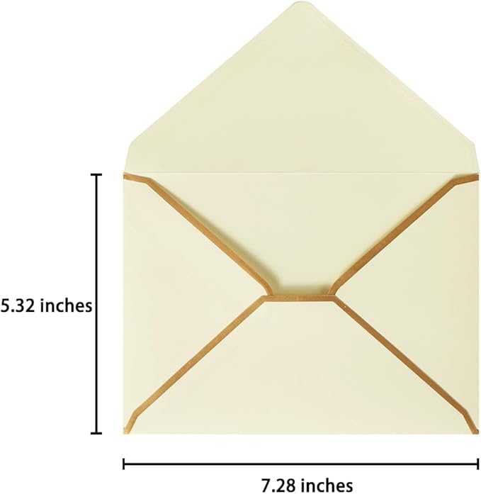 50 Pack A7 Envelopes Cream Color 5 x 7 Self-Adhesive V Flap Envelopes with Gold Border for Office, Greeting Card, Wedding, Graduation, Baby Shower, Parties, Invitations (Cream Color, 5x7)