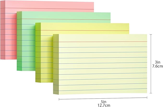 200 PCS Colored Index Cards 3x5, Ruled Index Cards, Flash Cards for Studying, Heavy Note Cards for Office, Home and School,Light Red/Green/Yellow/Beige 4 Colors, 50 PCS of Each Color