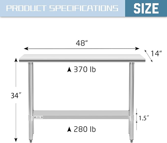 Hally Stainless Steel Table for Prep & Work 14 x 48 Inches, NSF Commercial Heavy Duty Table with Undershelf and Galvanized Legs for Restaurant, Home and Hotel