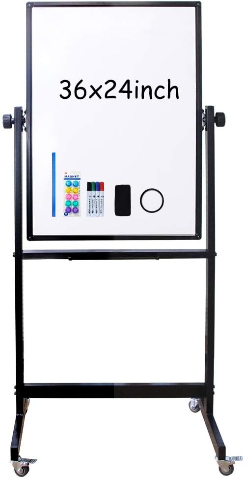 XIWODE Double-Sided Magnetic Dry Erase Board,36 X 24 Inch Mobile Whiteboard on Wheels with Rolling Stand, Black Aluminum Frame