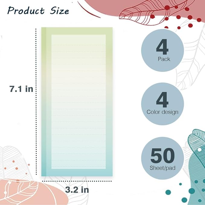 4 Pack Magnetic Notepads for Refrigerator, Full Magnet Back Design Magnetic Memo Pads, 50 Sheets per Note Pads To-Do List, Shopping List (Soft Gradient Style)