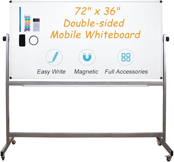 XIWODE 36x72 Large Magnetic Dry Erase Whiteboard with Stand - Double-Sided Freestanding Rolling Board, Flippable Design for Writing & Display, Silver Frame for Office, Classroom, Home