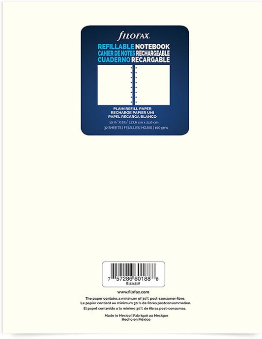Filofax Notebook Plain Paper Refill, 10.875 x 8.5 inches, 32 Sheets (B112451U)