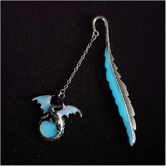 2 Pack Feather Metal Bookmark with Luminous 3D Butterfly Pendant & Dragon, Unique Glow in The Dark Bookmark Gift for Men Women (Dragon & Butterfly)