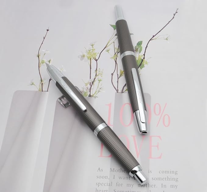 JINHAO 10 Press Fountain Pen, Retractable Metal Pen with Ink Converter (F Nib 0.5mm, Striated Dark Gray)