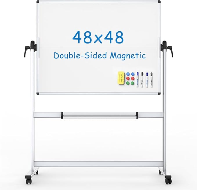 VIZ-PRO Double-Sided Mobile Whiteboard, 48 x 48 Inches, Magnetic Rolling Dry Erase White Board on Wheels with Aluminium Frame and Stand