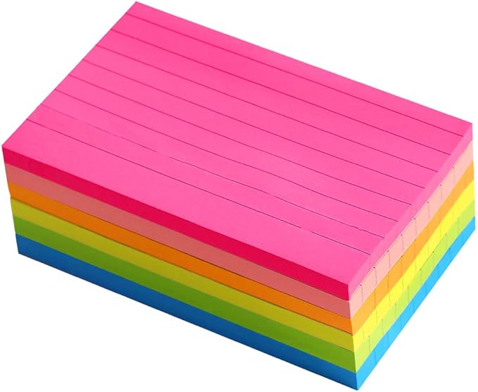 Lined Sticky Notes 3X5 in Bright Ruled Post Stickies Colorful Super Sticking Power Memo Pads Its Strong Adhesive, 6 Pads/Pack, 75 Sheets/pad